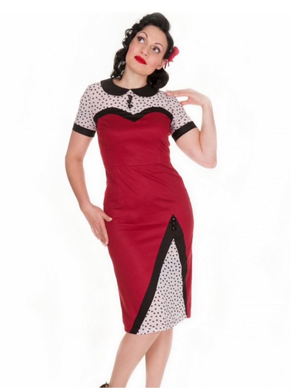 Lindy Bop Retro Plus Size red and black pencil dress with hearts detailing 4XL
